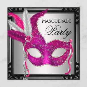 Invitación Máscara Rosa Caliente Negro Fiesta de Máscaras Ros