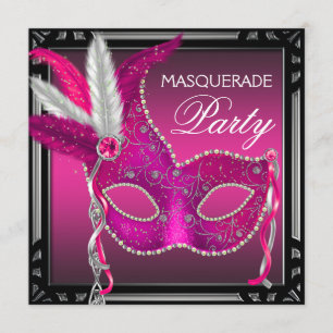 Invitación Máscara Rosa Caliente Negro Fiesta de Máscaras Ros