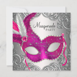 Invitación Máscara rosa caliente y plateada Fiesta de disfraz