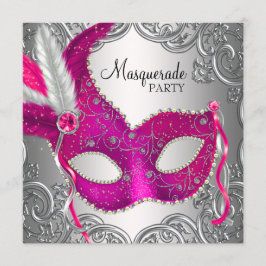 Invitación Máscara rosa caliente y plateada Fiesta de disfraz