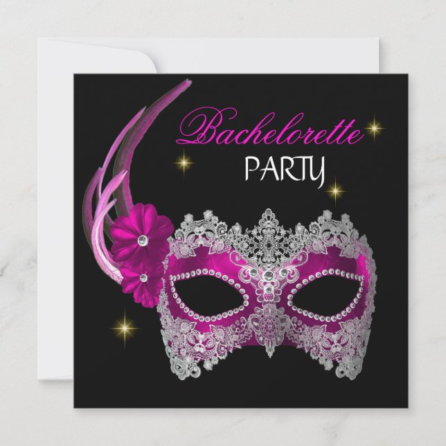 Invitación Máscara rosa de despedida de soltera negra (Anverso)