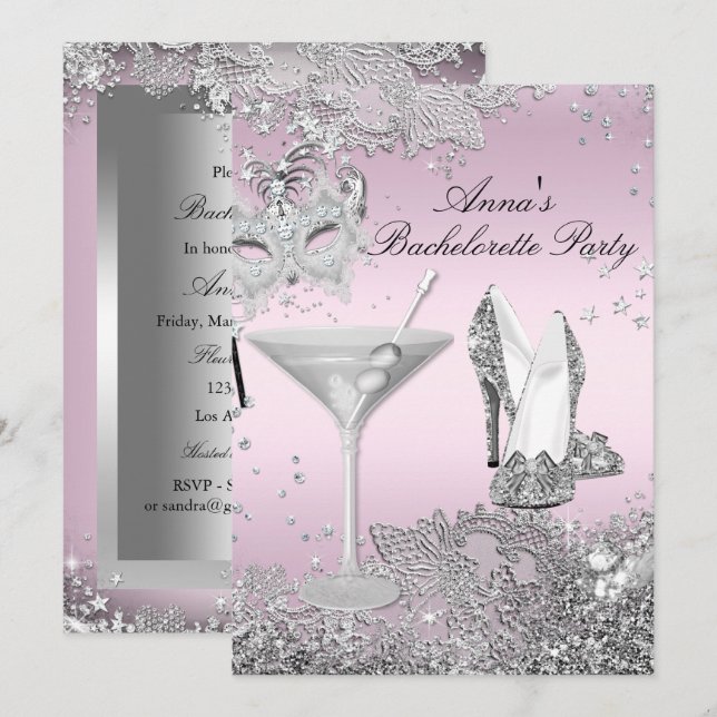 Invitación Máscara rosa plateada y fiesta de solomillo de enc (Anverso / Reverso)