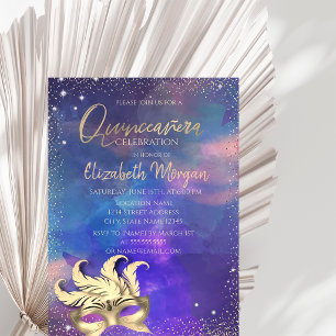 Invitación Máscara, Salpicadura de Puntos de Confeti Quinceañ