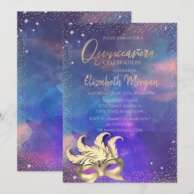 Invitación Máscara, Salpicadura de Puntos de Confeti Quinceañ (Anverso / Reverso)