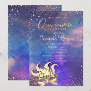 Invitación Máscara, Salpicadura de Puntos de Confeti Quinceañ
