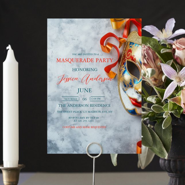 Invitación Máscara sofisticada gris mascarada Fiesta Cumpleañ (Subido por el creador)