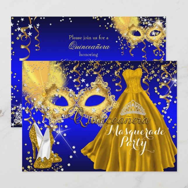 Invitación Mascara Tiara Masquerade Quinceanera Azul Oro (Anverso / Reverso)