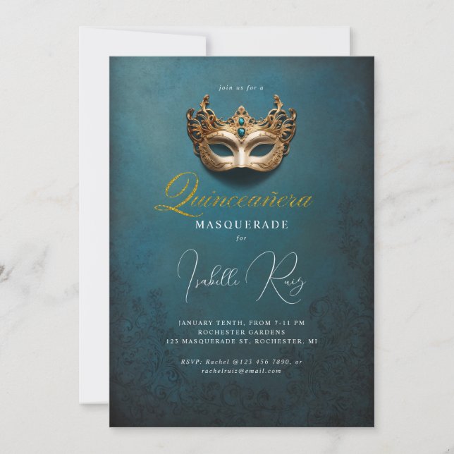 Invitación Máscara veneciana de mascarada de Quinceañera (Anverso)