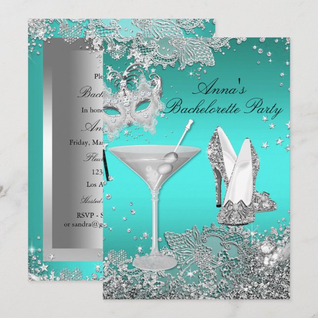 Invitación Máscara Verde azulada plateada y fiesta de solomil (Anverso / Reverso)