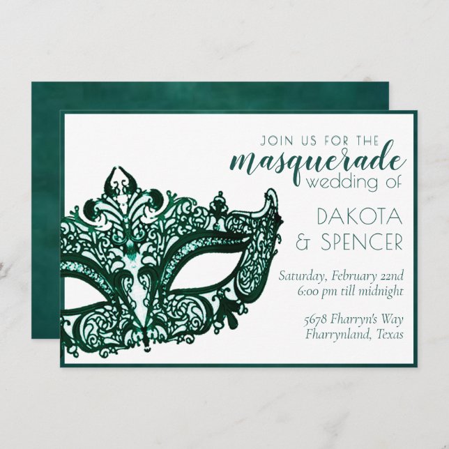 Invitación Máscara Verde | Boda de Mardi Gras Esmeralda Oscur (Anverso / Reverso)