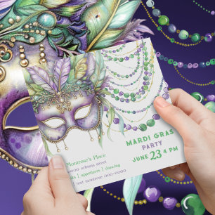Invitación Máscara y perlas de oro morado y mardi verde