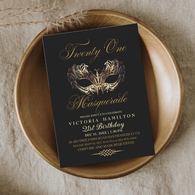 Invitación Mascarada 21 cumpleaños máscara de oro negro (Subido por el creador)