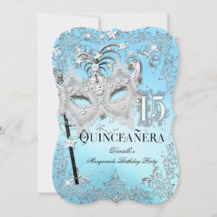 Invitación Mascarada Azul Cumpleaños Quinceañera Plata