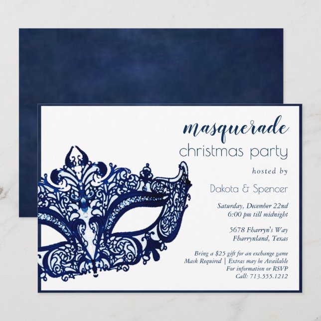 Invitación Mascarada azul | Fiesta de Navidades Mardi Gras (Anverso / Reverso)
