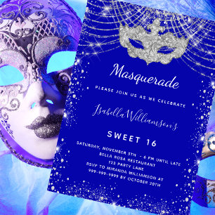 Invitación Mascarada azul real plata dulce 16 fiesta lujo