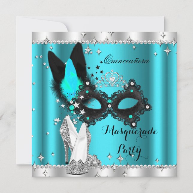 Invitación Mascarada azul verde azulada máscara Quinceanera H (Anverso)