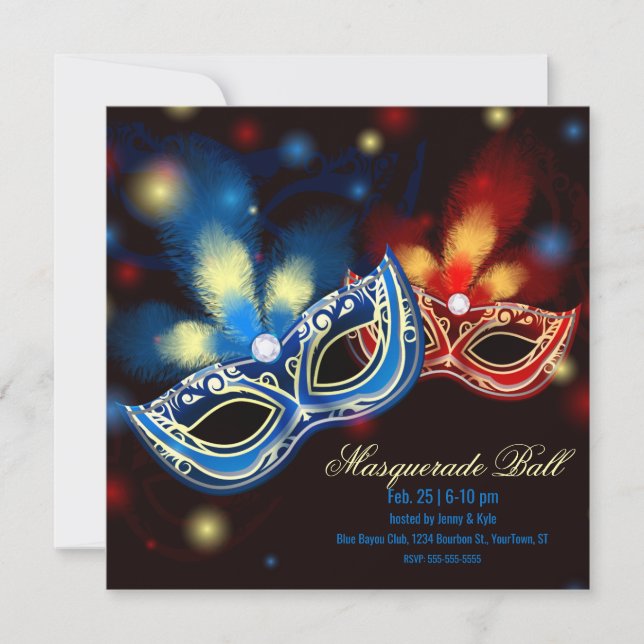 Invitación Mascarada B Rojo y Azul Elegante (Anverso)