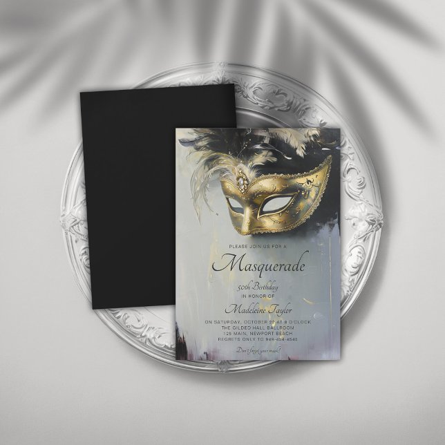 Invitación Mascarada Black Gold Mask Oil Art 50 cumpleaños (masquerade 50th birthday party invitation glamorous gold black venetian mask elegant modern)
