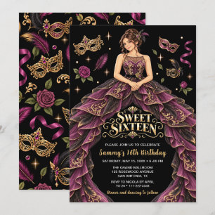 Invitación Mascarada Borgoña Dorado Sweet Sixteen