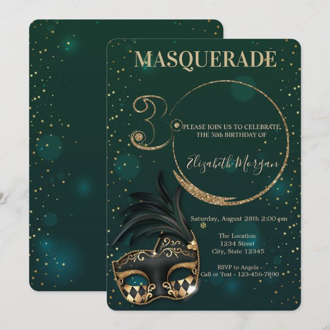 Invitación Mascarada Brillo Dorado Verde Cumpleaños 30   (Anverso / Reverso)