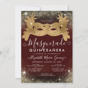Invitación Mascarada Burgundy Purpurina de oro rojo Quinceane