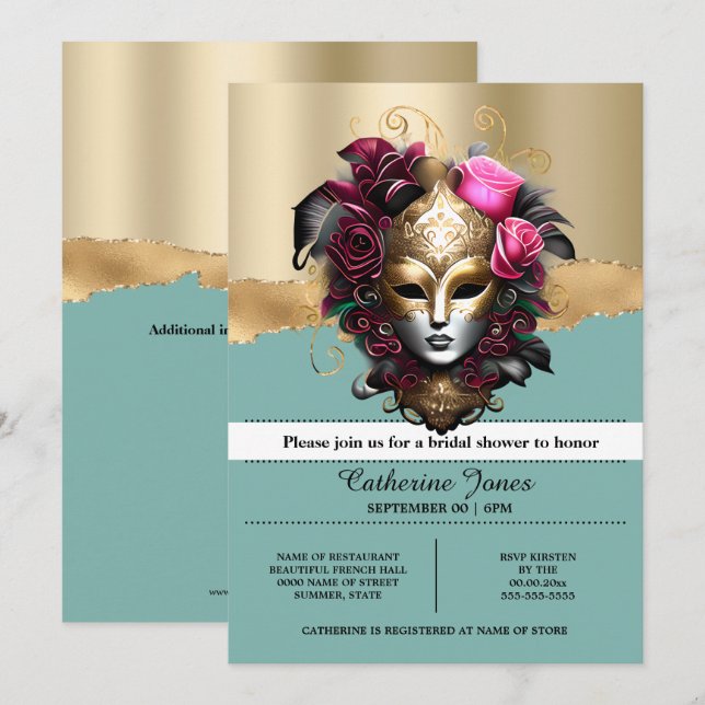 Invitación Mascarada carnavalesca máscara facial dorado azul  (Anverso / Reverso)