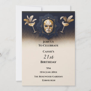 Invitación Mascarada Cóctel Azul Oro