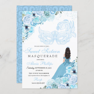 Invitación Mascarada con flores azules de cielo dulce 16 Invi