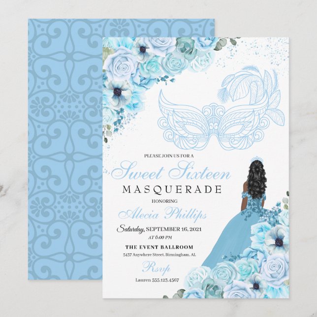 Invitación Mascarada con flores azules de cielo dulce 16 Invi (Anverso / Reverso)