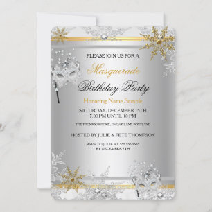 Invitación Mascarada Copos de Nieve de Oro Máscaras de Plata