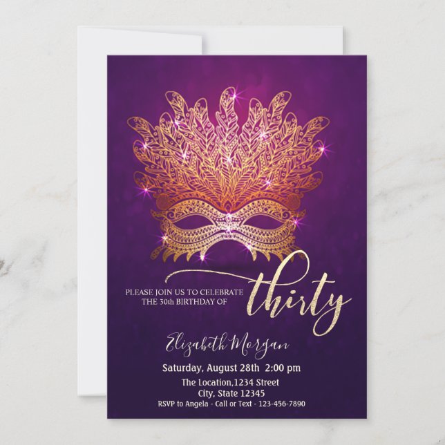 Invitación Mascarada, Cumpleaños 30 Masque Púrpura (Anverso)