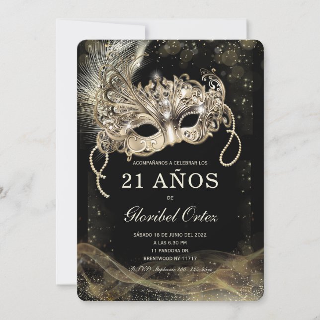 Invitación Mascarada de 21 años mujer (Anverso)