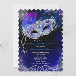 Invitación Mascarada de Cumpleaños Personalizada Azul Real