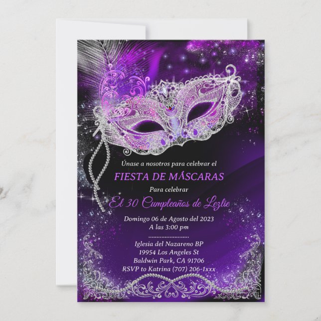 Invitación Mascarada de cumpleaños personalizada en negro (Anverso)