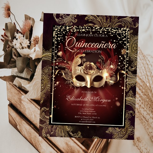 Invitación Mascarada de Damasco Floral de Diamonds Quinceañer (Subido por el creador)