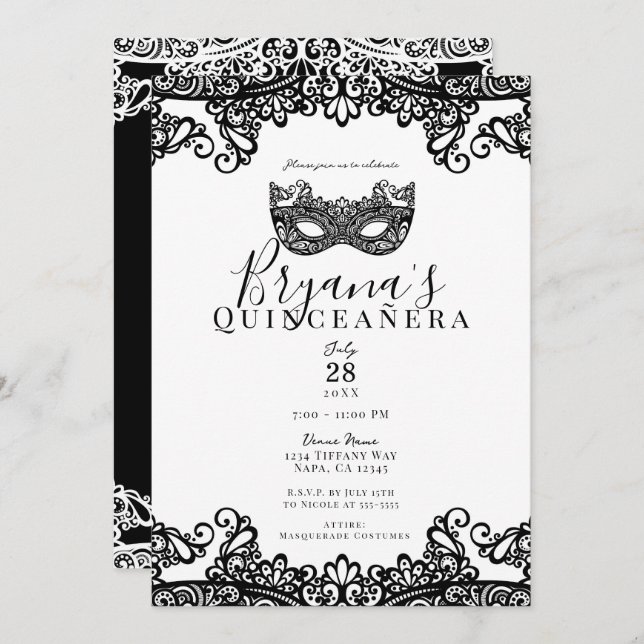 Invitación Mascarada de encaje blanco y negro 15ª Quinceañera (Anverso / Reverso)