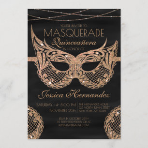 Invitación Mascarada de encaje de Purpurina de oro negro Quin