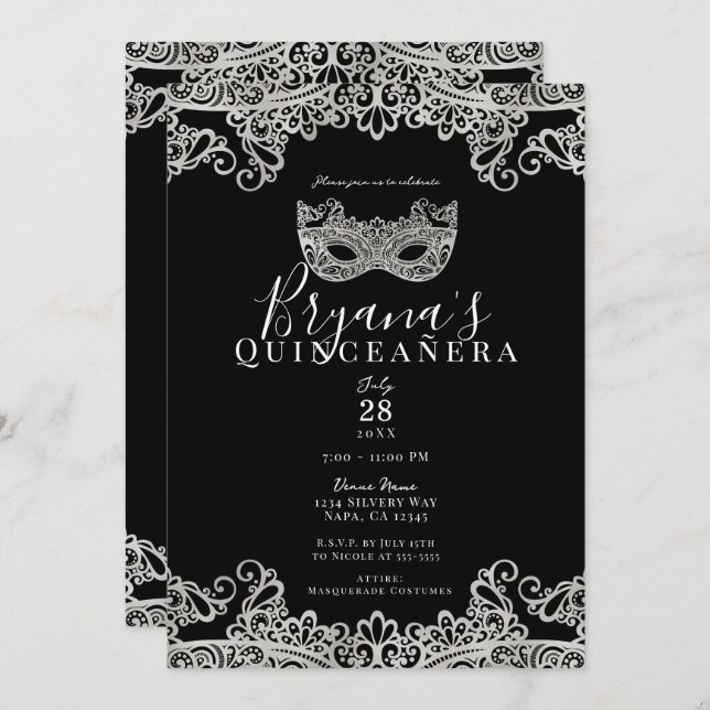 Invitación Mascarada de encaje negro y plateado 15ª Quinceañe (Anverso / Reverso)