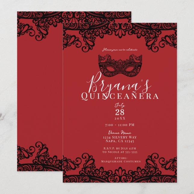 Invitación Mascarada de encaje rojo y negro 15 15ª Quinceañer (Anverso / Reverso)