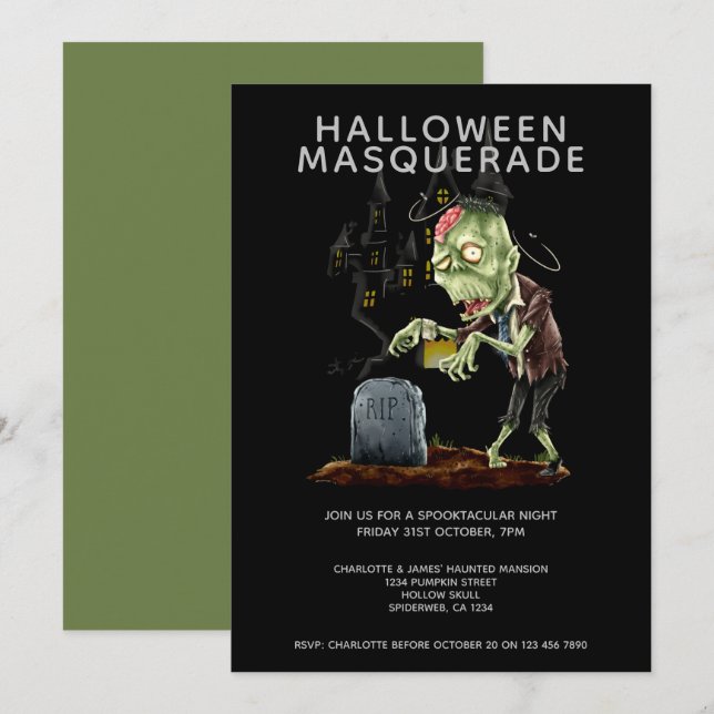 Invitación Mascarada de Halloween Cerebro zombi y tumba (Anverso / Reverso)