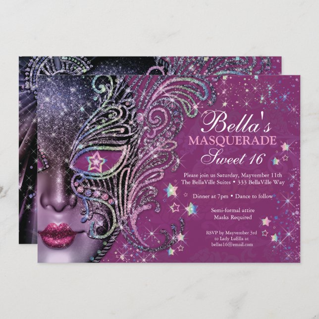 Invitación Mascarada de la Galaxia Magenta Dulce 16 Invitació (Anverso / Reverso)