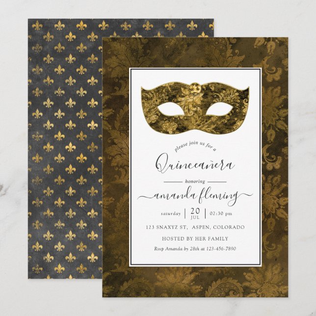 Invitación Mascarada de la Vintage dorada Quinceañera (Anverso / Reverso)