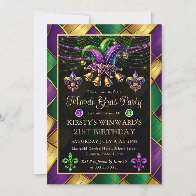 Invitación Mascarada de Mardi Gras 21 cumpleaños (Anverso)