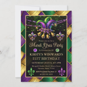 Invitación Mascarada de Mardi Gras 21 cumpleaños