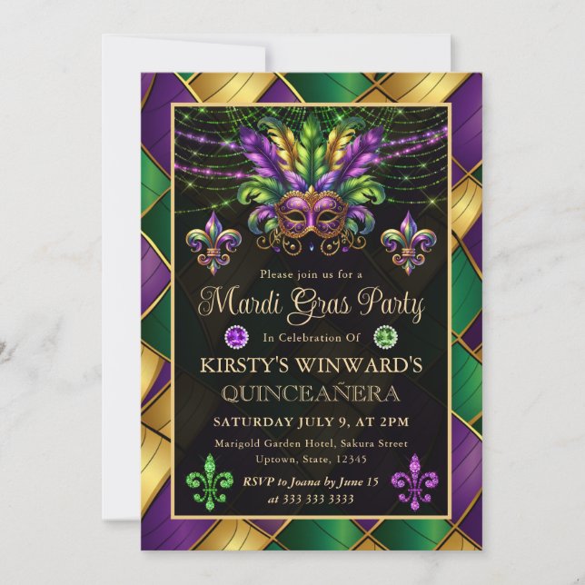 Invitación Mascarada de Mardi Gras Quinceanera (Anverso)