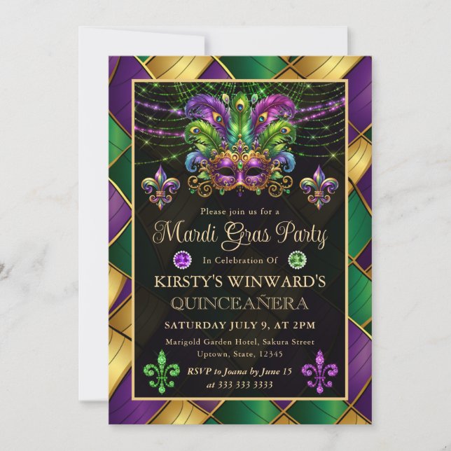 Invitación Mascarada de Mardi Gras Quinceanera (Anverso)