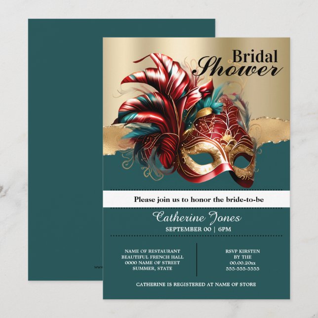 Invitación Mascarada de mascara veneciana plumas de novia (Anverso / Reverso)