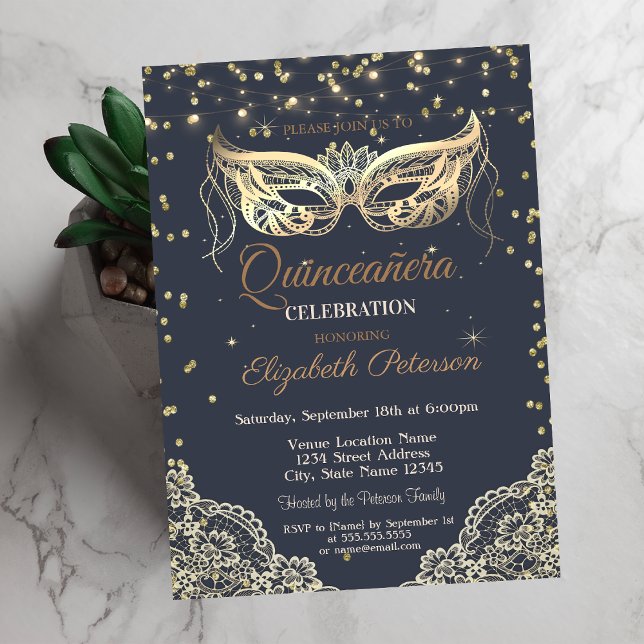 Invitación Mascarada de moda, encaje, diamantes Quinceañera (Subido por el creador)