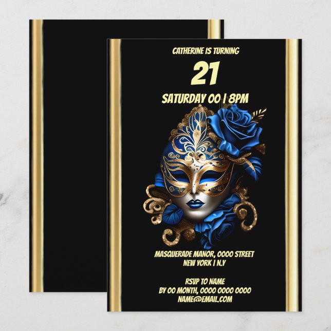 Invitación Mascarada de oro azul de la temática del baile de  (Anverso / Reverso)