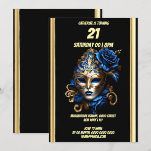 Invitación Mascarada de oro azul de la temática del baile de 